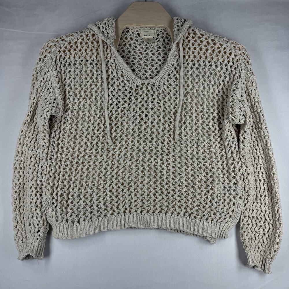 Nicole Miller Atelier Women’s L Cream Crochet Hooded Sweater Open Weave Crop